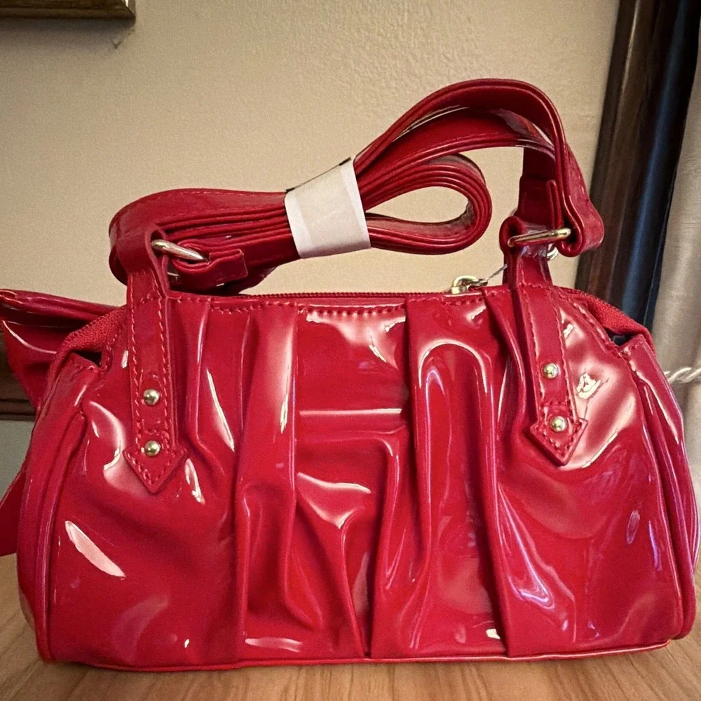 Red Patent Satchel Top Handle Crossbody Bag Bow Heart Charm Cat Tag